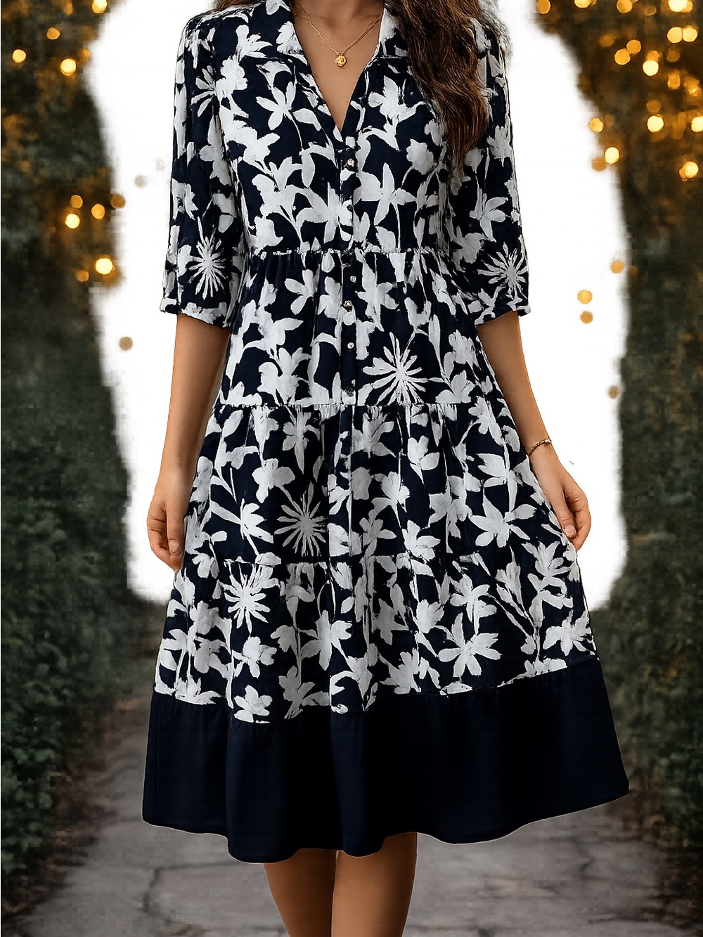 Blue Tassel by Anthropology Navy Blue & White Floral Tiered Midi Dress size PL